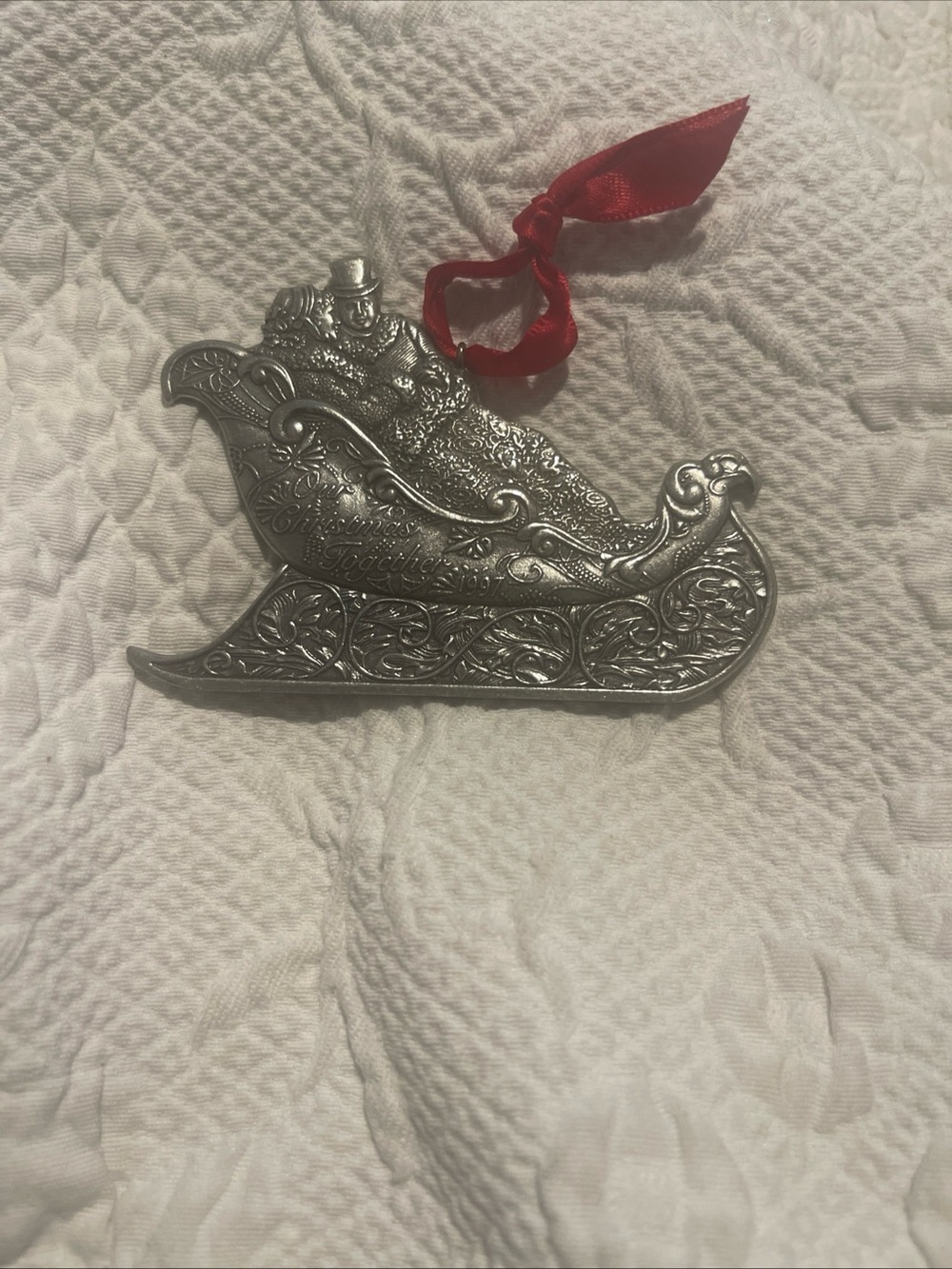 Silver Sleigh Holiday Ornament with Red Ribbon Hallmark Pewter Vintage